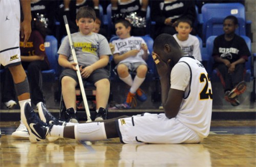Ousmane Drame reacts after he is called for a foul in the second half of Quinnipiac's game vs. LIU Brooklyn Saturday.