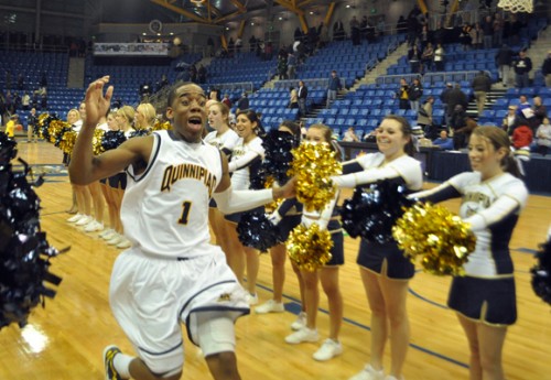 Quinnipiac 69, Mount St. Mary's 66Zaid Hearst celebrates Quinnipiac's victory after the buzzer in Thursday night's game vs. Mount St. Mary's.
