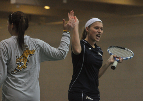 Quinnipiac 7, Saint Francis (Pa.) 0Quinnipiac's Sarah Viebrock high-fives teammate Rachel Cantor after they win a point in their doubles match Sunday.