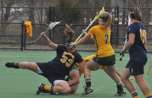 Vermont 18, Quinnipiac 9Quinnipiac's Lianne Toomey falls to the ground in the first half of Wednesday's game vs. Vermont.
