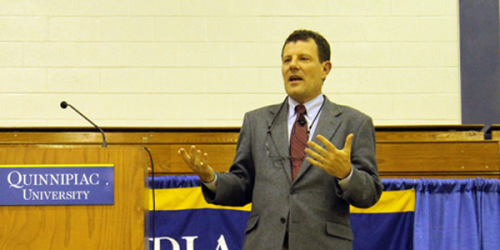 Nicholas Kristof teaches students how to make a difference in the world at Burt Kahn Court Thursday.