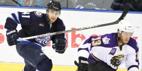 Former Quinnipiac forward Scott Zurevinski skates with his new team in the American Hockey League, the St. John’s Ice Caps on March 17. Zurevinski has played six games so far with the Ice Caps and has five shots on goal and 11 penalty minutes.