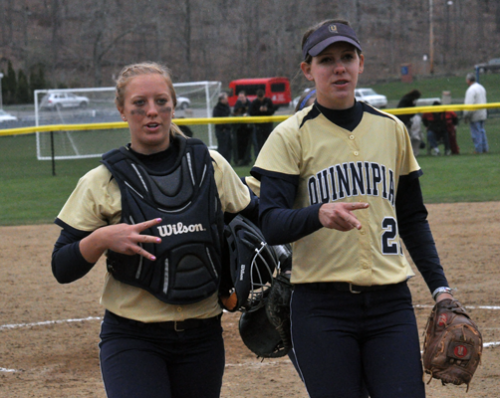 Quinnipiac 5, Sacred Heart 4Quinnipiac's Ashley Heiberger and Heather Schwartzburg celebrate after winning game 2 of Sunday's doubleheader vs. Sacred Heart.