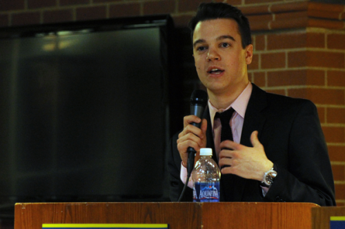 Ryan Scanlon speaks to students who came to the Student Government Association debate for its annual elections.