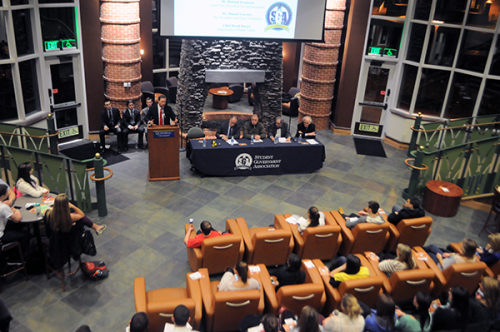 State of the QUnionQuinnipiac University President John Lahey talks at State of the QUnion Wednesday night.