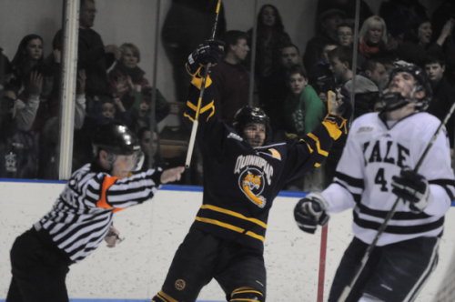 Quinnipiac 6, Yale 2Quinnipiac's Cory Hibbeler celebrates after scoring a goal in Saturday's game vs. Yale.