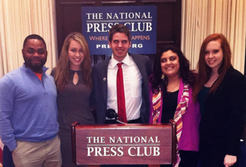Shamar McCrae, Cassidy Fitzgerald, Colton Hoffman, Angela Bonito and Nicole Dwyer (from left to right). The photo was taken at The National Press Club where the students attended a dinner reception on behalf of The Washington Center. 