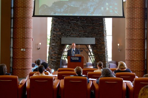 Vice President and Provost Mark Thompson speaks at the teach-in that was held in the Piazza on Thursday, Sept. 29.