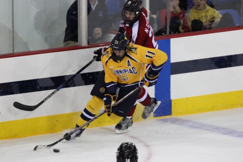 Mens ice hockey beats Northeastern, 5-2, for first win