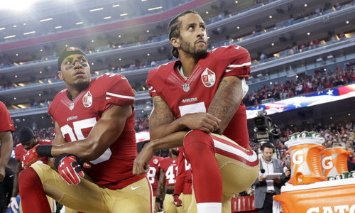 FILE - Int his Monday, Sept. 12, 2016, file photo, San Francisco 49ers safety Eric Reid (35) and quarterback Colin Kaepernick (7) kneel during the national anthem before an NFL football game against the Los Angeles Rams in Santa Clara, Calif. Reid has resumed his kneeling protest for human rights during the national anthem, after joining then-teammate Kaepernicks polarizing demonstration last season. (AP Photo/Marcio Jose Sanchez, File) ORG XMIT: NYHK702