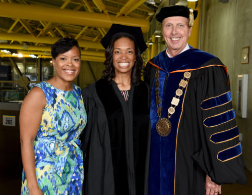 Sharrona Williams (center) and President John L. Lahey prior to the Quinnipiac University College of Arts and Sciences undergraduate commencement ceremonies Saturday, May 21, 2016, at TD Bank Sports Center. 