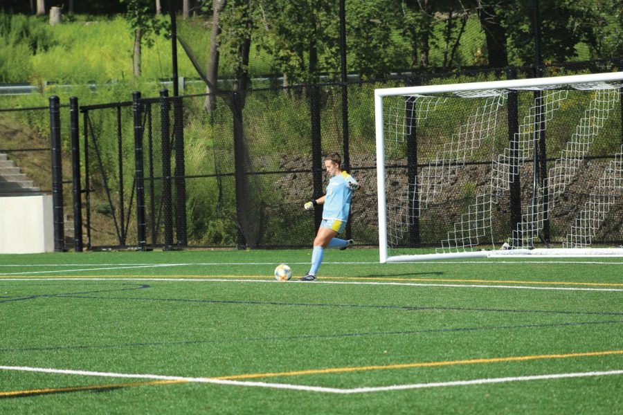 Freshman goalkeeper Meaghan Phillips takes a goal kick.