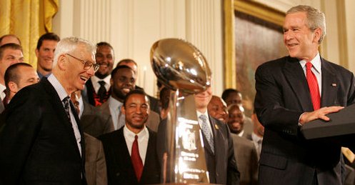 Dan Rooney, owner of the Pittsburgh Steelers of the National Football League, appears at the White House with President George W. Bush on the occasion of the commemoration of his side's winning Super Bowl XL.