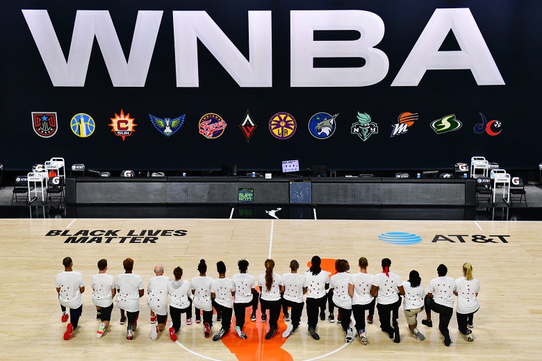 In the WNBA bubble, players wore shirts with seven red bullet holes, referencing the shots that Jacob Blake received from an officer in Kenosha, Wisconsin.