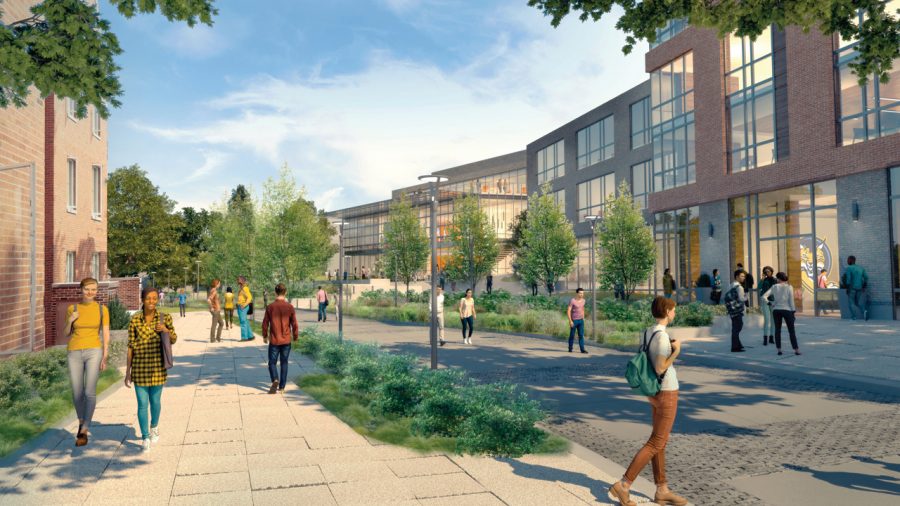 Proposed rendering of Mount Carmel Campus Bobcat Way, looking east at new housing and new “Bobcat Hub.