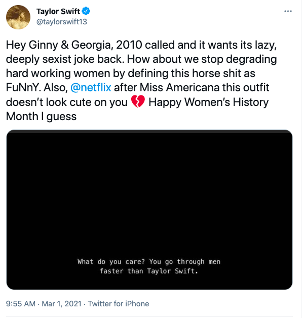 Taylor Swift fired at Netflix for referencing her dating life in Ginny and Georgia.