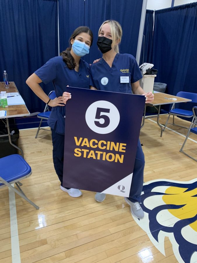 Samantha Batavia (left) and Caroline Alexopoulos (right) volunteered at on-campus COVID-19 vaccination clinic.