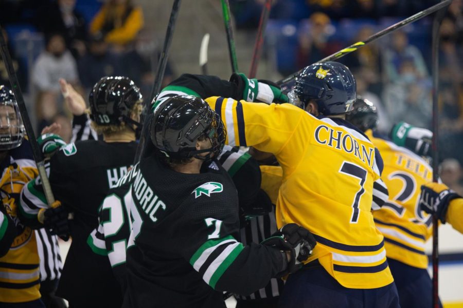 Multiple scrums unfolded on the ice during Quinnipiac's 3-1 loss to North Dakota on Saturday. Photo from