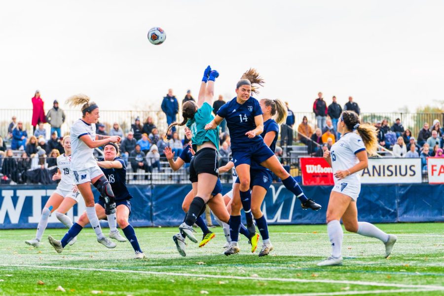Monmouth sophomore goalkeeper Rebecca Winslow made multiple key punches on crosses to shut down the Bobcats. Photo from