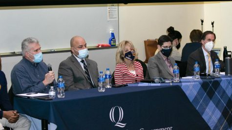 Quinnipiac University administrators (left to right) Sal Filardi, Tony Reyes, Judy Olian, Debra Liebowitz and Tom Ellett responded to student questions at the annual State of the QUnion event.