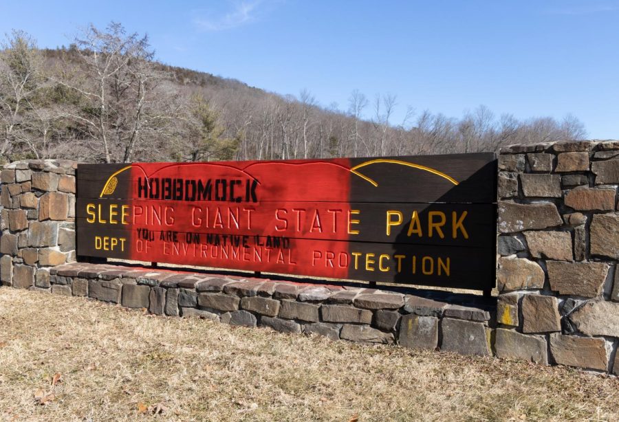 The entrance sign to Sleeping Giant State Park has since been taken down after it was vandalized Feb. 11.
