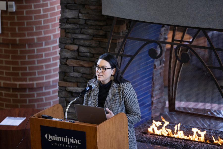 Quinnipiac University student Ambar Pagan 22 speaks during a teach-in Tuesday, Mar. 8, 2022 for International Women’s Day. Photo by