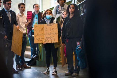  Students and faculty protest for abortion rights in the Carl Hansen Student Center on May 4, 2022. 