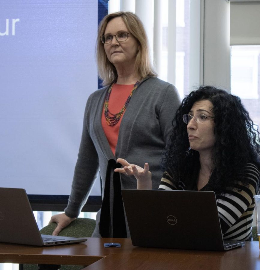 Patrice Luoma (left,) director for the M&T Bank Center for Innovation and Entrepreneurship and Tuvana Rua, associate professor of management (right) encouraged women to support each other's business ventures during the March 29 conversation. 