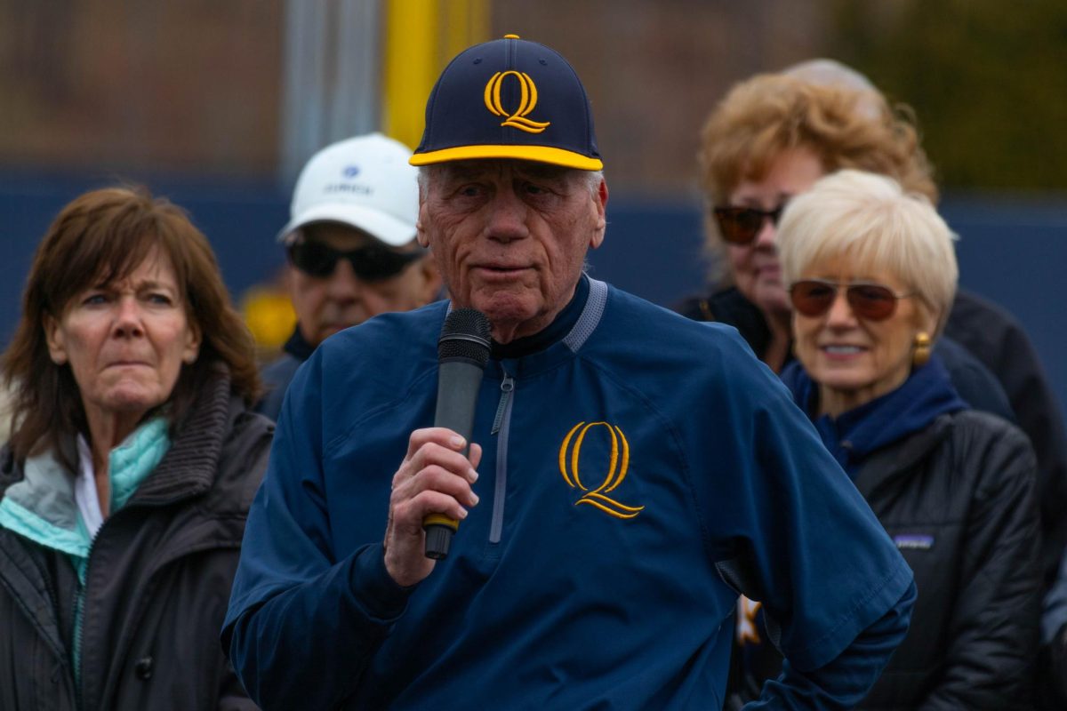 Director of Operations Dan Gooley gives a speech during his number retirement ceremony at the Quinnipiac baseball field on April 7.