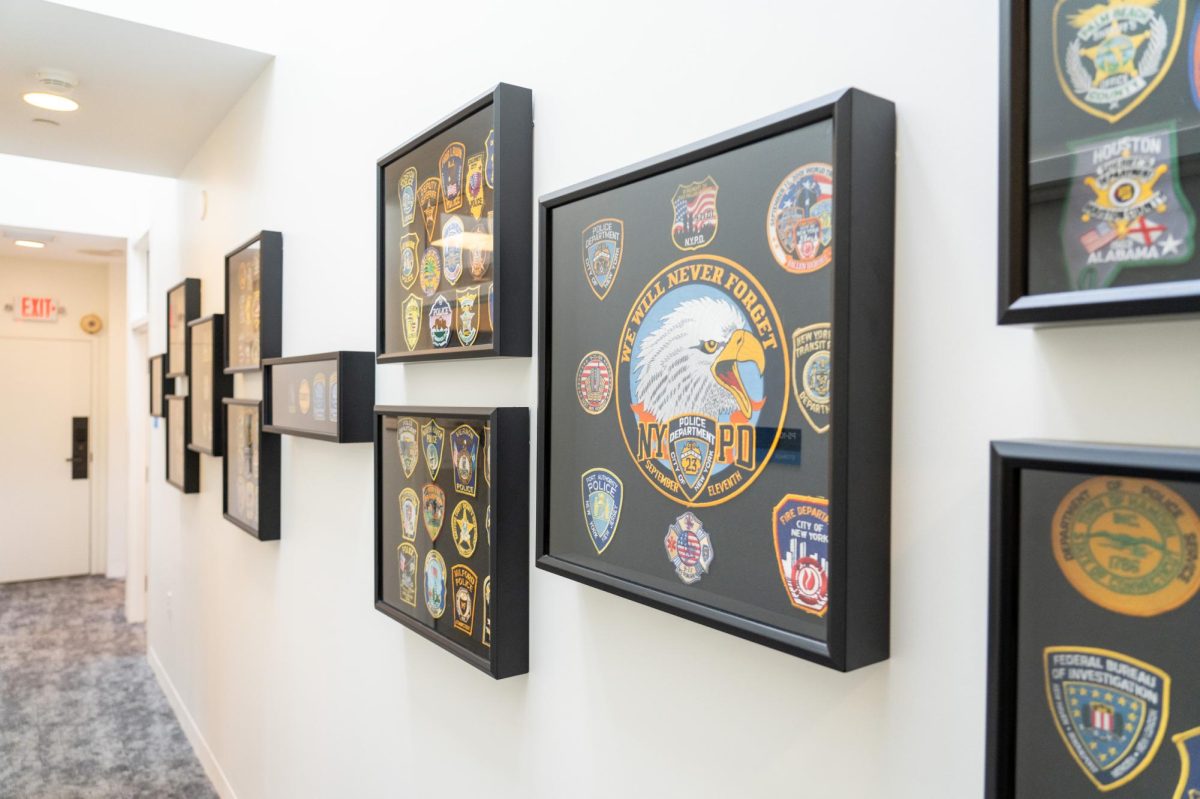 Police department badges on display at the Public Safety building.
