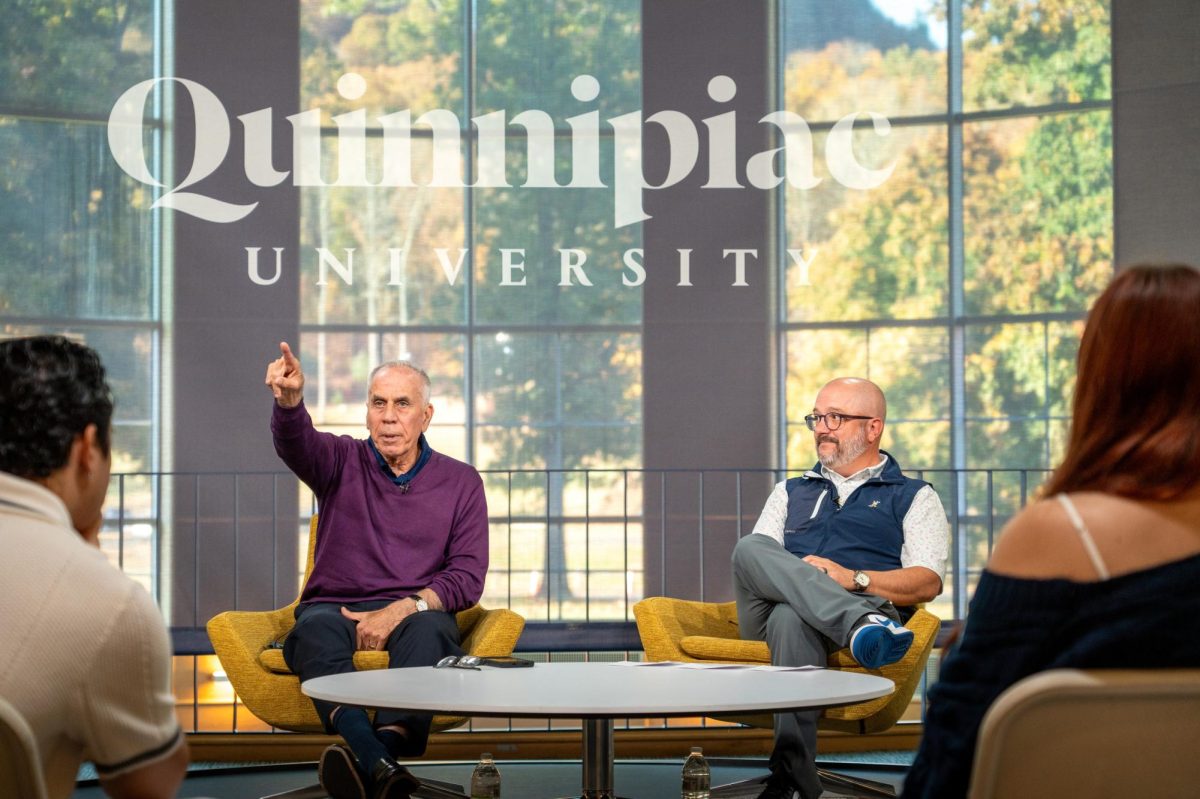 MLB reporter Tim Kurkjian (left) and Associate Professor of Journalism Nick Pietruszkiewicz at the “What’s Your Story?” video series recording on Thursday, Oct. 24.