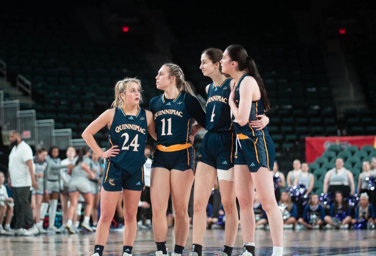 From left to right: Sophomore guard Ava Sollenne, junior guard Bri Bowen, senior forward Grace LaBarge and junior forward Ella O'Donnell at the 2024 MAAC Quarterfinals. 