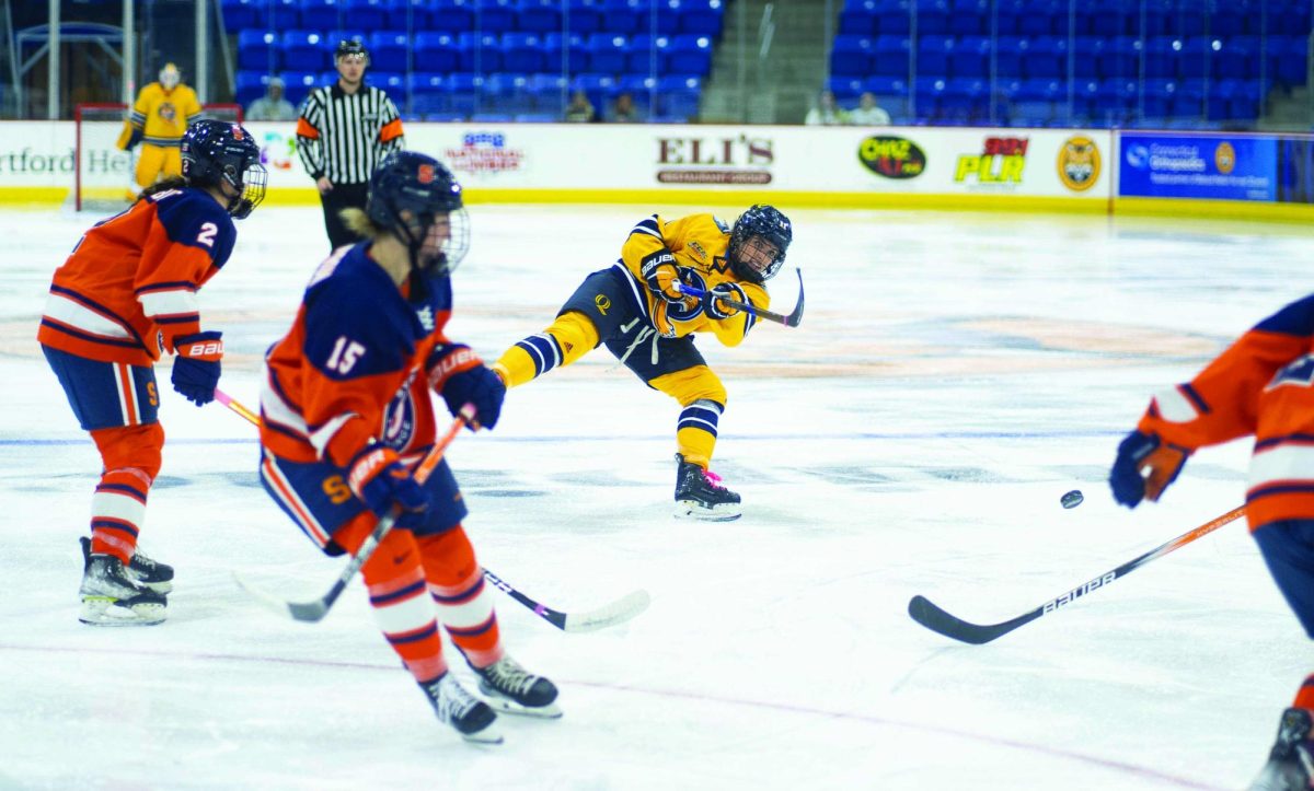 Graduate student defender Maddy Samoskevich takes a shot from the point in a 4-1 win against Syracuse on Oct. 19.