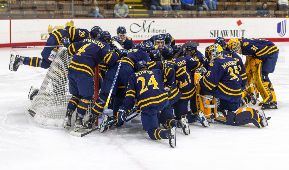 Men's hockey huddles before a game against Brown on Feb. 23.