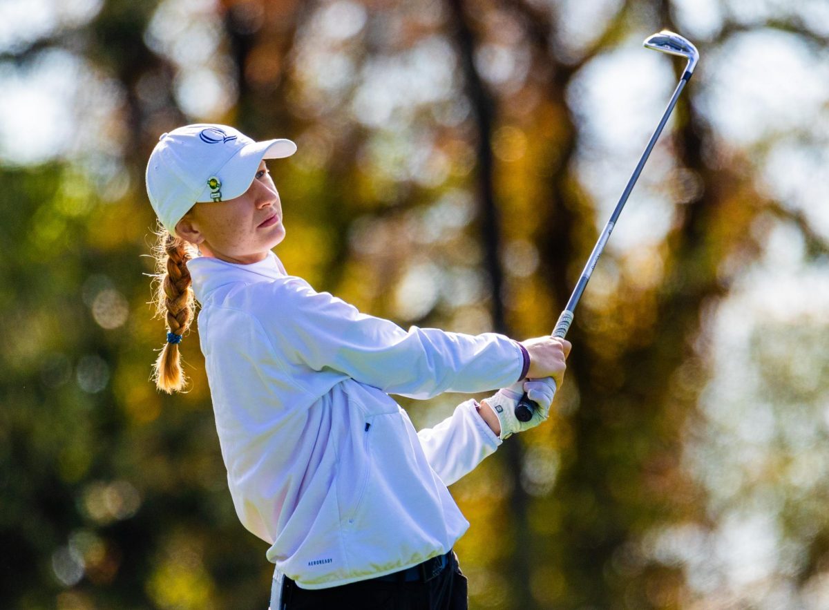 Sophomore Natalie Spiska hits the ball in the Quinnipiac Classic on Oct. 9, 2023.