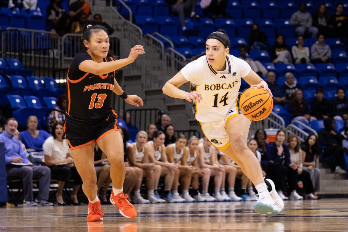 Freshman guard Gal Raviv drives to the lane during Quinnipiac’s 74-66 victory over Princeton at M&T Bank Arena on Saturday, Nov. 16, 2024.