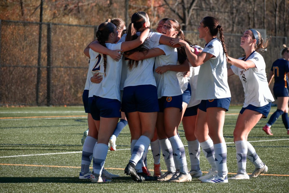 Women's soccer celebrates after a goal against Canisius on Nov. 7.