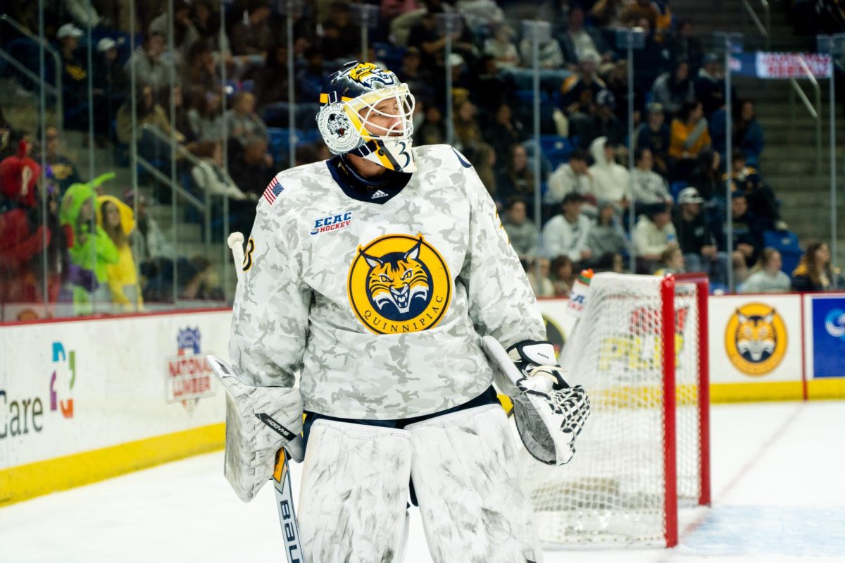 Sophomore goaltender Matej Marinov in a game against Harvard Nov. 9.