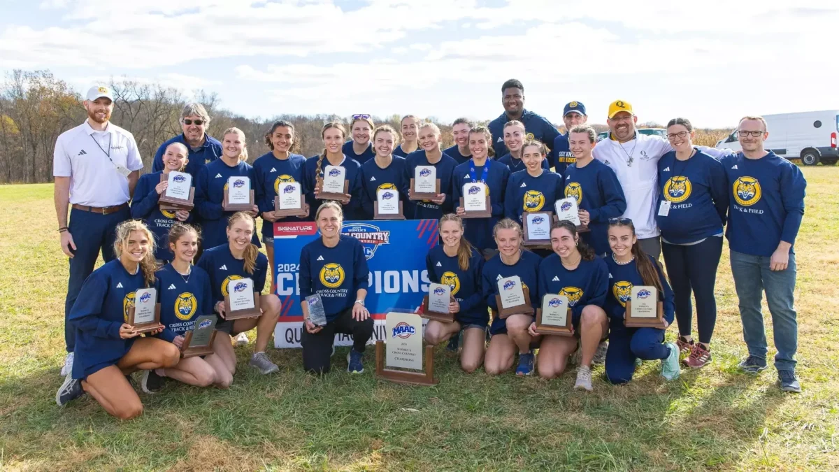 Quinnipiac celebrates its third MAAC championship in a row on Nov. 2.