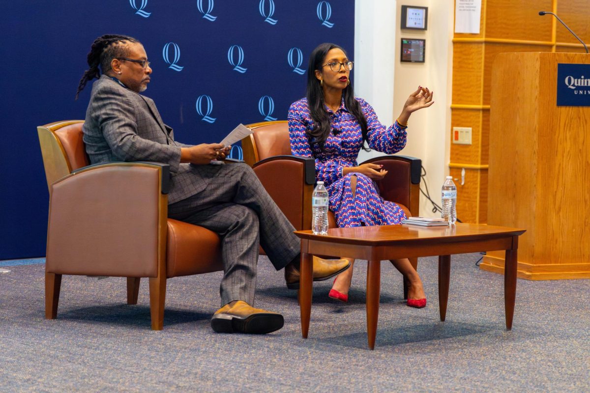 Associate Professor of History at Johns Hopkins University and CNN Correspondent Leah Wright Rigueur (right) speaks about the election as a part of Quinnipiac University’s Critical Conversations speaker series on Oct. 31.
