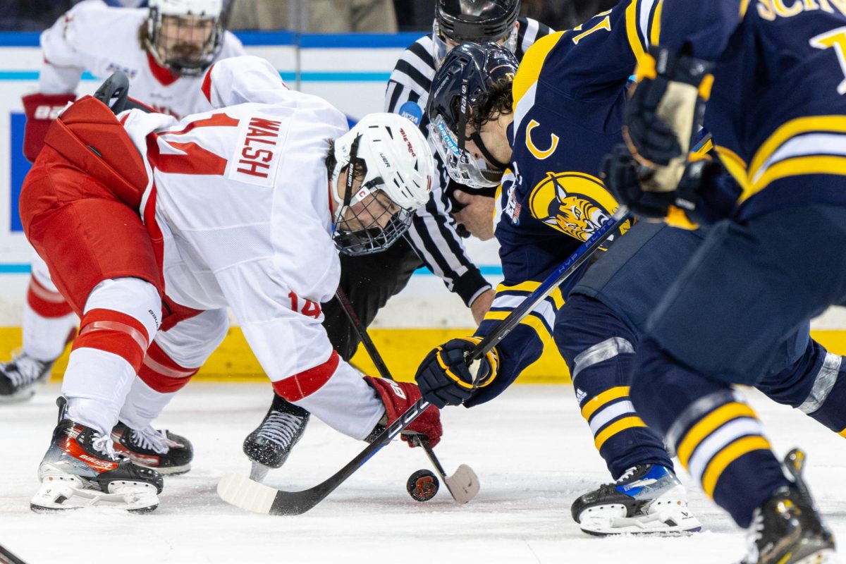 Senior forward Travis Treloar in a faceoff against Cornell Nov. 30.