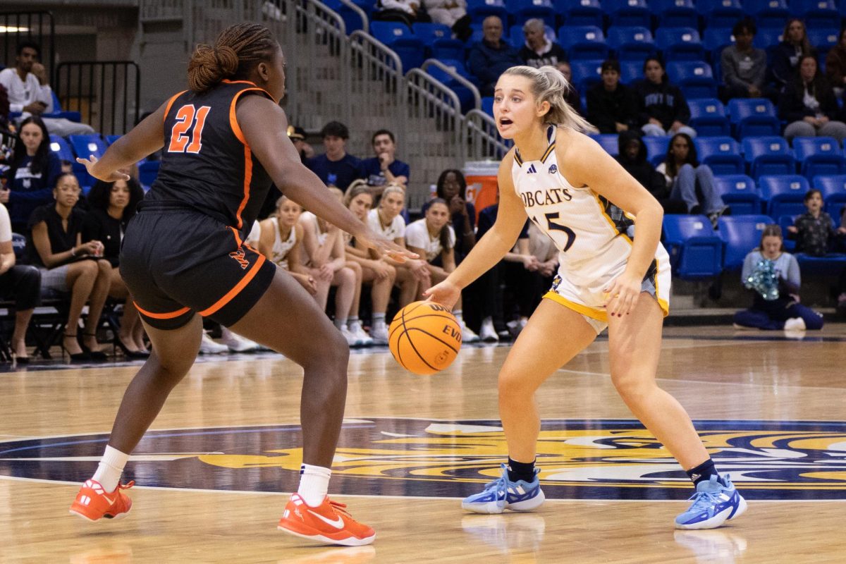 Quinnipiac sophomore guard Karson Martin prepares to make a play during the Bobcats' 74-66 victory against Princeton on November 16, 2024.