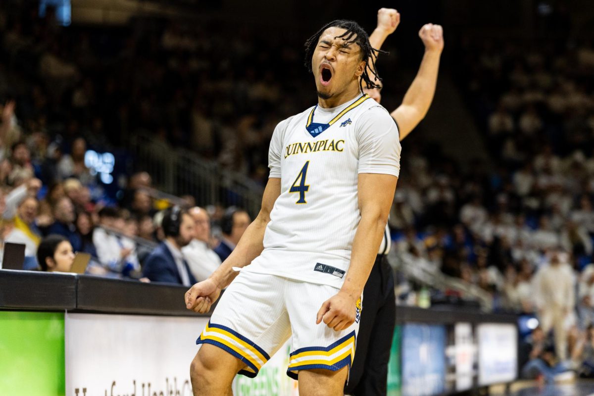 Sophomore guard Khaden Bennett celebrates after hitting a three-pointer in a 81-69 win against Fairfield on Jan. 31.