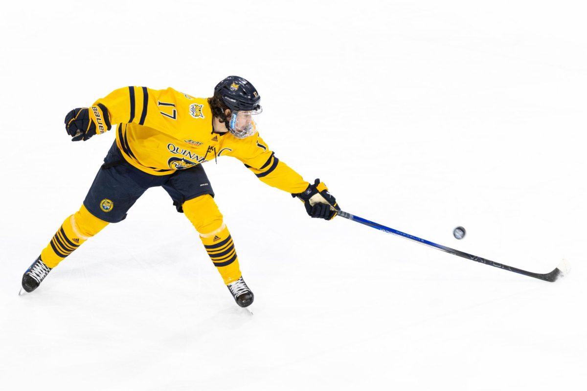 Graduate student forward Travis Treloar goes for the puck against Uconn on Jan. 24 during the CT Ice semifinals.