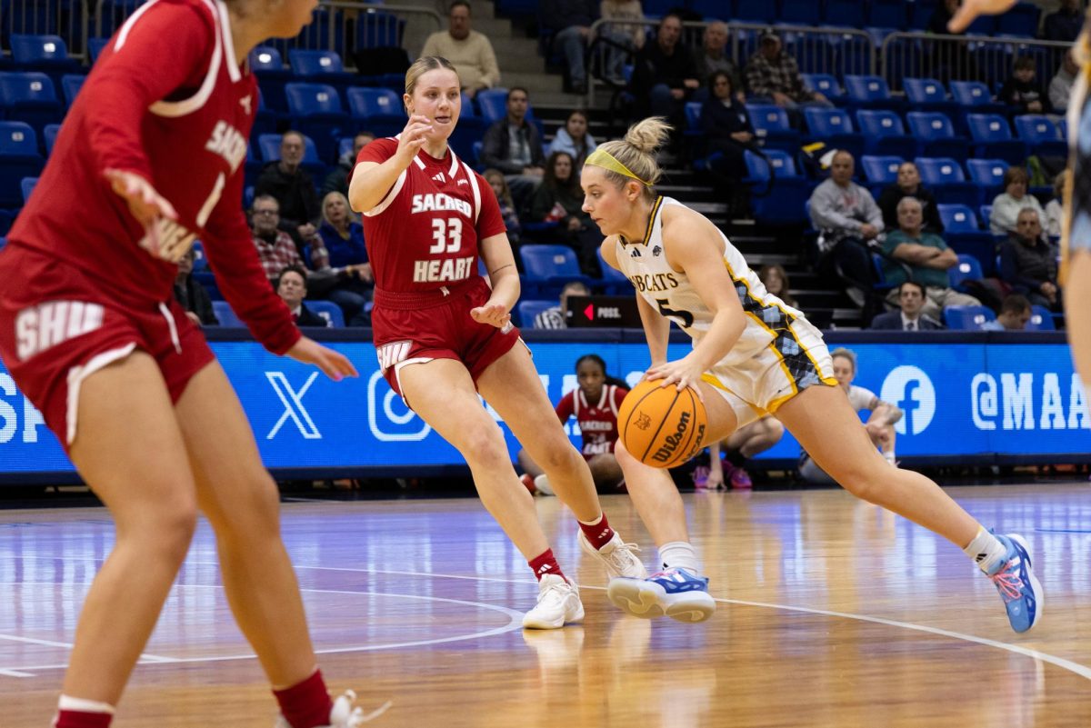 Sophomore guard Karson Martin drives on her defender in a 71-47 victory over Sacred Heart on Feb. 13.