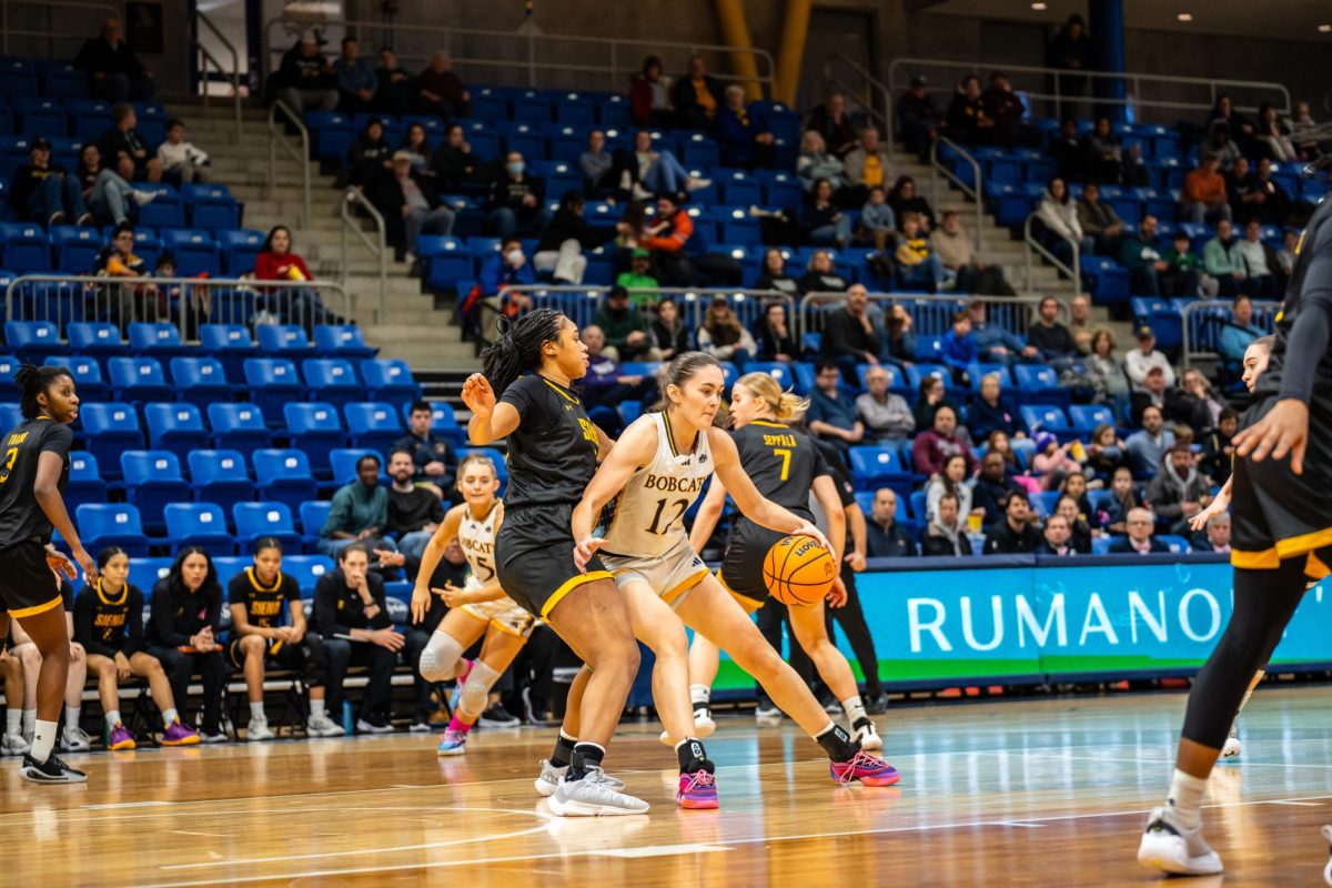 Junior forward Ella O'Donnell posts up her defender in the Bobcats’ 77-74 victory against Siena on Feb. 1.