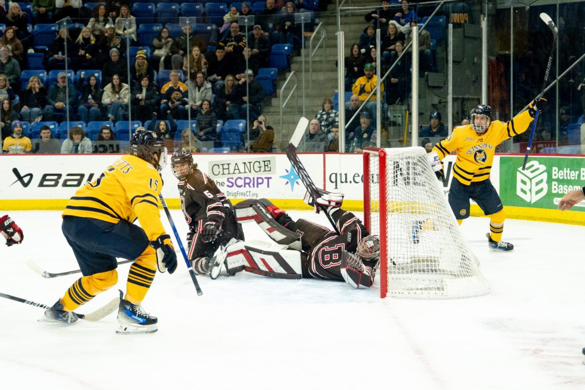 Graduate student forward Jack Ricketts celebrates his team-leading 19th goal of the year during a 4-0 win over Brown on Feb. 22, 2025.