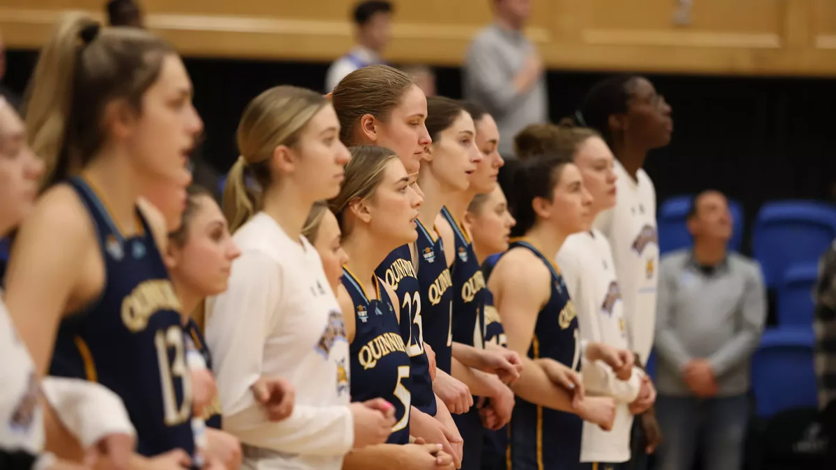 Quinnipiac women’s basketball stands together in a 57-40 loss against Seton Hall on Feb. 14.