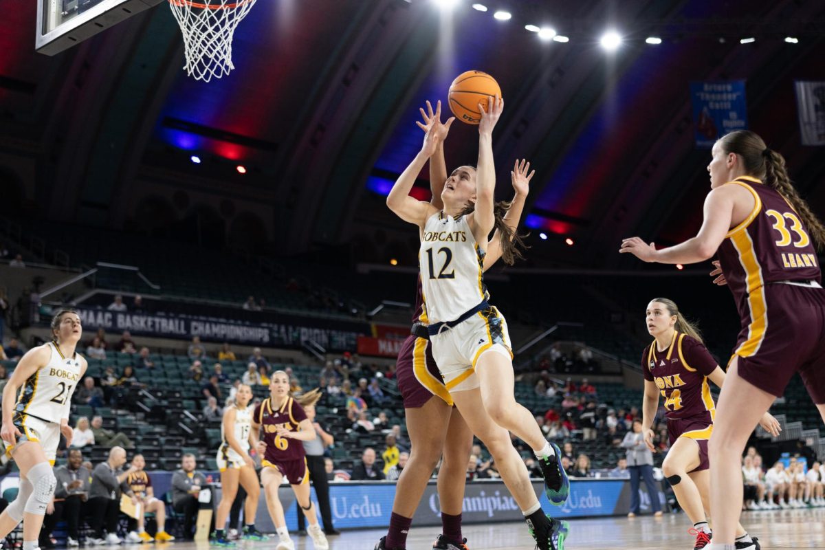 Junior forward Ella O'Donnell attempts a layup in a 79-51 victory over Iona in the MAAC Quarterfinals on March 12.