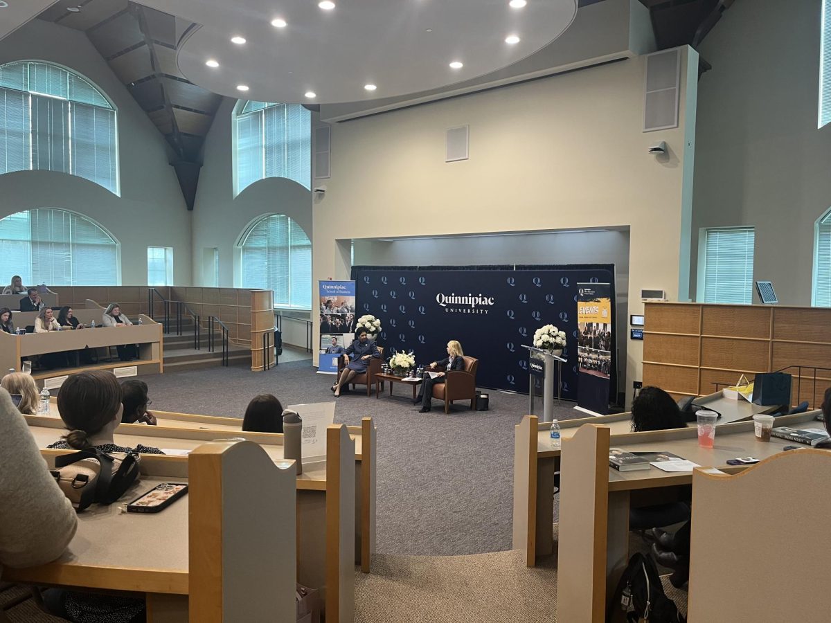 Former PepsiCo CEO Indra Nooyi and Quinnipiac University President Judy Olian participate in a fireside chat on March 6.